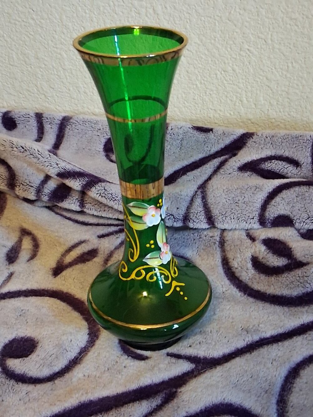 Vintage Bohemian Emerald Green Blown Glass Vase Gold Trim Floral BOHO Czech
